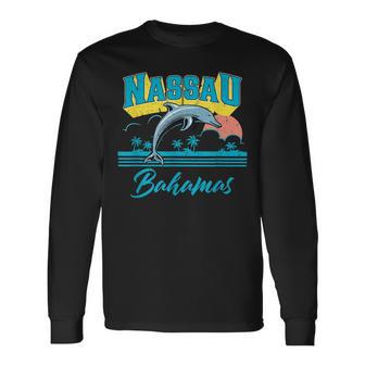 Nassau Bahamas Sunset Palm Tree Dolphin Retro Vacation Long Sleeve T-Shirt - Seseable
