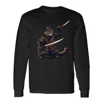 Ninja Cat Japanese Samurai Catzilla Anime Kawaii Cat Long Sleeve T-Shirt - Seseable