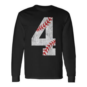 Number 4 Vintage 4Th Birthday Baseball Lover 4 Years Old Long Sleeve T-Shirt - Seseable