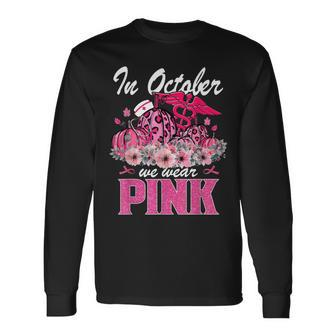 In October We Wear Pink Nurse Life Pumpkin Leopard Halloween Men Women Long Sleeve T-Shirt T-shirt Graphic Print - Thegiftio UK
