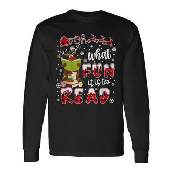 Oh What Fun It Is To Read Christmas Cute Reindeer Read Books Men Women Long Sleeve T-shirt Graphic Print Unisex - Seseable
