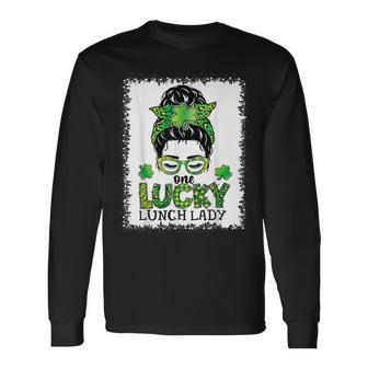 One Lucky Lunch Lady Bleached Messy Bun St Patricks Day Long Sleeve T-Shirt - Seseable