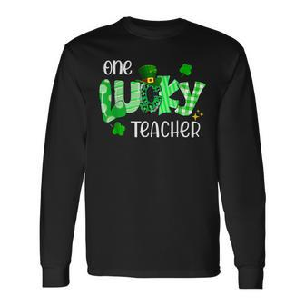 One Lucky Teacher Shamrock Clover Leopard St Patricks Day Long Sleeve T-Shirt - Seseable