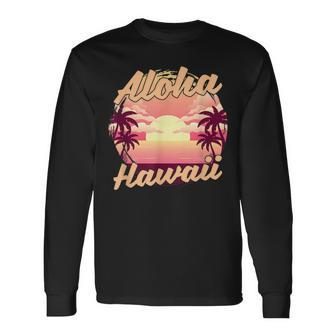 Palm Trees Tropical Hawaiian Summer Sunset Aloha Hawaii Men Women Long Sleeve T-shirt Graphic Print Unisex - Seseable