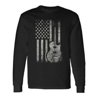 Patriotic American Pride Guitarist Gift Usa Flag Guitar Men Women Long Sleeve T-shirt Graphic Print Unisex - Seseable