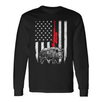 Patriotic American Usa Flag Boar Hunting Wild Hog Hunter Long Sleeve T-Shirt T-Shirt | Mazezy UK