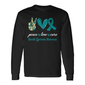 Peace Love Cure Tourette Syndrome Teal Ribbon Awareness Long Sleeve T-Shirt T-Shirt | Mazezy