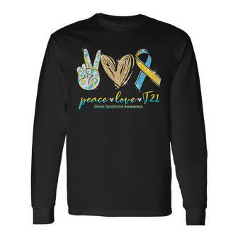 Peace Love T21 Blue Yellow Ribbon Down Syndrome Awareness Long Sleeve T-Shirt - Seseable