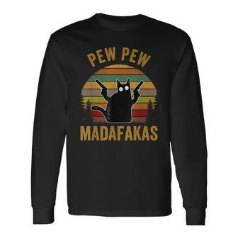 Pew Madafakas Pew Guns Black Cat Retro Vintage Long Sleeve T-Shirt - Seseable