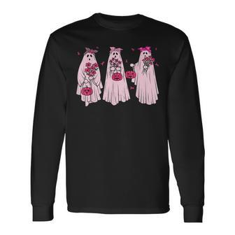 Pink Ribbon Breast Cancer Awareness Ghost Women Halloween Men Women Long Sleeve T-Shirt T-shirt Graphic Print - Thegiftio UK