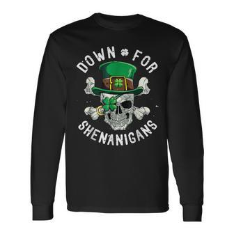 Pirate Skull St Patricks Day Leprechaun Down For Shenanigans Long Sleeve T-Shirt - Seseable