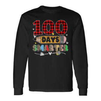 Plaid 100 Days Smarter Leopard 100Th Day Teachers Students Men Women Long Sleeve T-shirt Graphic Print Unisex - Seseable