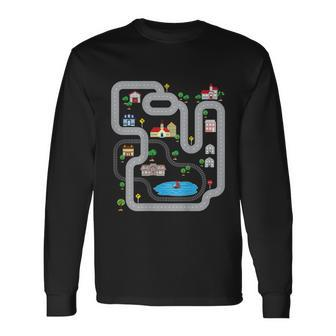 Playmat Train Car Race Track Printed On Back Road Long Sleeve T-Shirt - Monsterry CA