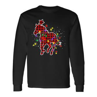 Red Buffalo Plaid Horse Christmas Pajamas Xmas Tree Lights Men Women Long Sleeve T-shirt Graphic Print Unisex - Seseable