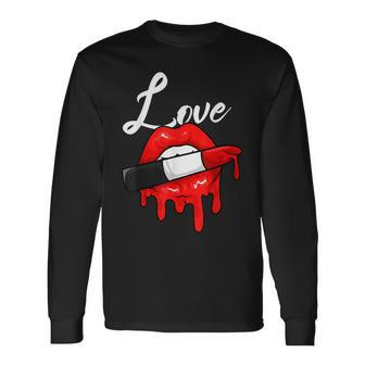 Red Lipstick Lips Love Valentines Day Make Up Valentines Long Sleeve T-Shirt - Seseable
