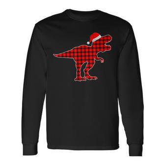 Red Plaid Dinosaur Christmas Buffalo Matching Family Pajamas Men Women Long Sleeve T-shirt Graphic Print Unisex - Seseable