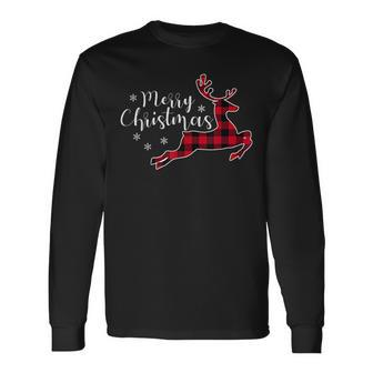 Red Plaid Merry Christmas Letter Reindeer Snowflake Buffalo Men Women Long Sleeve T-shirt Graphic Print Unisex - Seseable