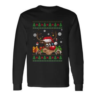 Reindeer Lovers Santa Hat Ugly Christmas Sweater Cool Long Sleeve T-Shirt - Monsterry UK