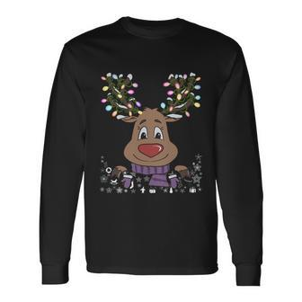 Reindeer Xmas Lights Deer Retro Ugly Christmas Long Sleeve T-Shirt - Monsterry CA