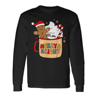 Retro Groovy Merry & Bright Gingerbread Christmas Cute Santa Men Women Long Sleeve T-shirt Graphic Print Unisex - Seseable