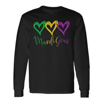 Retro Three Hearts Mardi Gras I Love Mardi Gras Long Sleeve T-Shirt - Seseable