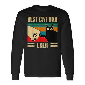 Retro Vintage Best Cat Dad Ever Cat Dad Fist Pump Long Sleeve T-Shirt - Seseable