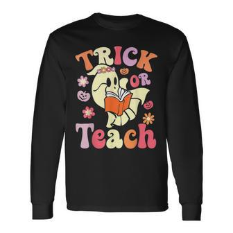 Retro Vintage Groovy Trick Or Teach Halloween Teacher Life V36 Men Women Long Sleeve T-Shirt T-shirt Graphic Print - Thegiftio UK