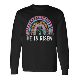 He Is Risen Leopard Rainbow Jesus Christian Happy Easter Day Long Sleeve T-Shirt | Mazezy