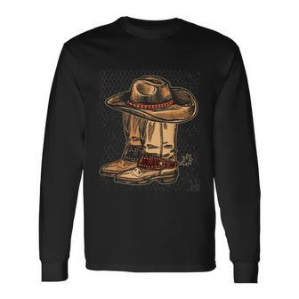 Rodeo Bull Riding Hat Line Dance Boots Cowboy Long Sleeve T-Shirt - Monsterry UK