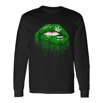 Sexy Lips Green Cool Cannabis Marijuana Weed Pot Leaf 420 Long Sleeve T-Shirt | Mazezy