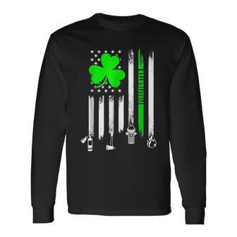 Shamrock Irish American Flag Firefighter St Patricks Day Long Sleeve T-Shirt - Seseable