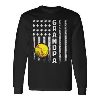 Softball Grandpa American Flag Vintage Softball Lovers Long Sleeve T-Shirt - Seseable