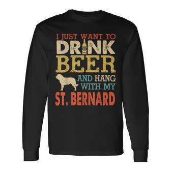 St Bernard Dad Drink Beer Hang With Dog Men Vintage Long Sleeve T-Shirt - Seseable