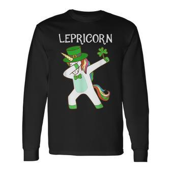 St Patricks Day Dabbing Lepricorn Irish Unicorn Long Sleeve T-Shirt - Seseable