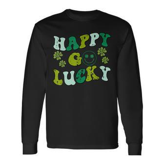 St Patricks Day Happy Go Lucky Shamrock Irish Retro Groovy Long Sleeve T-Shirt - Thegiftio UK