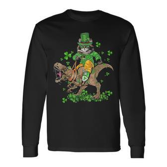 St Patricks Day Irish Cat Riding Rex Shamrock Long Sleeve T-Shirt - Seseable