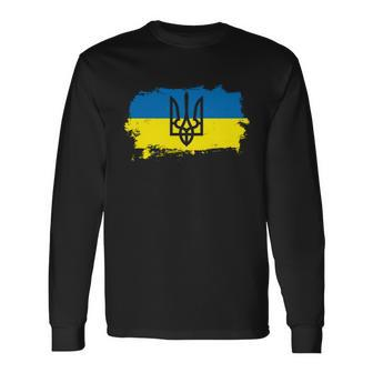 Stand With Ukraine Painted Distressed Ukrainian Flag Symbol Long Sleeve T-Shirt - Monsterry