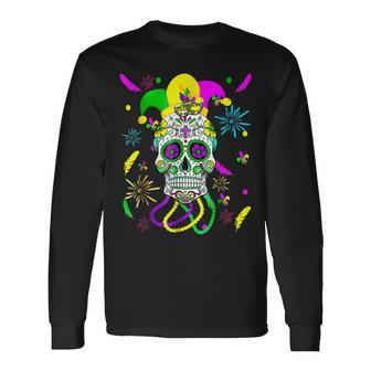 Sugar Skull Jester Hat Mardi Gras Carnival Mexican V2 Long Sleeve T-Shirt - Seseable
