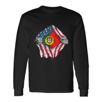 Super Portuguese Heritage American Flag Portugal Roots Long Sleeve T-Shirt - Monsterry AU