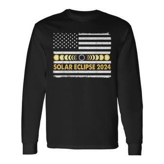 Total Solar Eclipse 2024 Totality Phases Us American Flag Long Sleeve T-Shirt | Mazezy