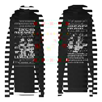 Ugly Christmas Here Comes Llama Claus Family Matching Gifts Men Women Long Sleeve T-shirt Graphic Print Unisex | Seseable FR