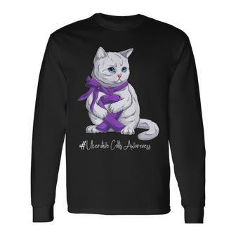 Ulcerative Colitis Awareness Month Purple Ribbon Cat Long Sleeve T-Shirt T-Shirt | Mazezy