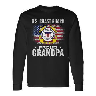 US Coast Guard Proud Grandpa With American Flag Long Sleeve T-Shirt - Seseable