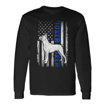 Usa Flag Clothing Police Boxer Dog Dad Thin Blue Line Long Sleeve T-Shirt - Seseable