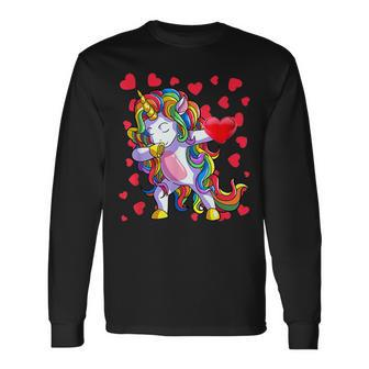 Valentines Day Girls Women Dabbing Unicorn Valentines Long Sleeve T-Shirt - Seseable