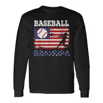 Vintage American Flag Baseball Grandpa Costume Player Coach Long Sleeve T-Shirt | Mazezy