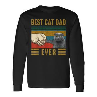 Vintage Best Cat Dad Ever Fathers Day Scottish Fold Cat Long Sleeve T-Shirt - Seseable