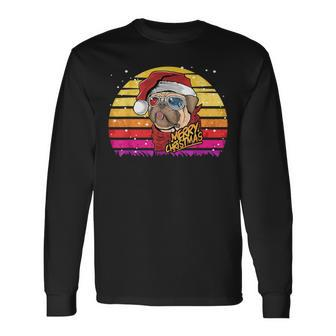 Vintage Christmas Pug - Santa Pug Christmas Tree Light Men Women Long Sleeve T-shirt Graphic Print Unisex - Seseable