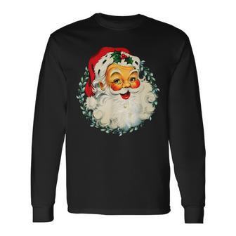 Vintage Christmas Santa Claus Face Old Fashioned Flower Men Women Long Sleeve T-shirt Graphic Print Unisex - Seseable