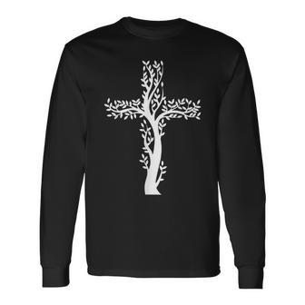 Vintage Faith Cross Tree Christian Roots Religious Christ Long Sleeve T-Shirt - Seseable